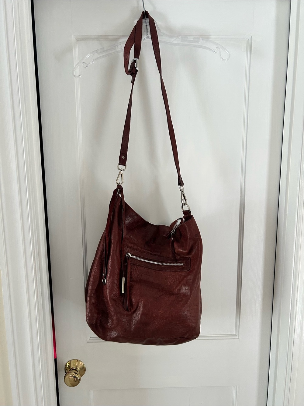 Convertible Burgundy Leather Hobo Bag with Front Zip Pocket